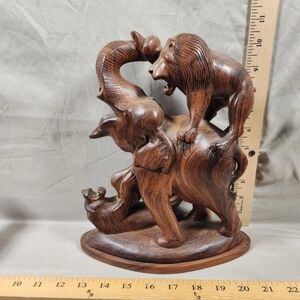 Vintage Hand Carved Indian Rosewood Sculpture Figurine Lions/Elephant